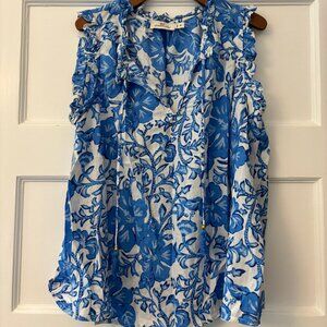Vineyard Vines Blue Floral Sleeveless Ruffle Sleeve Top, Size M
